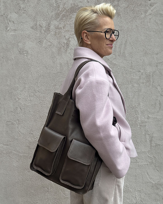 Torebka skórzany shopper bag z kieszeniami - MARCO MAZZINI Ravenna ciemny brąz caffe