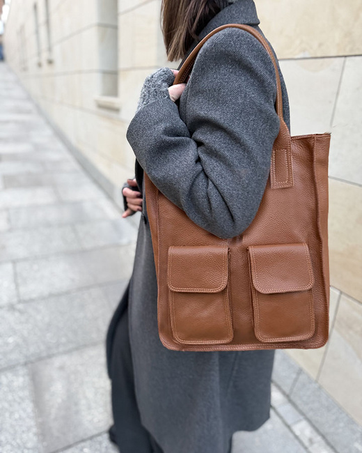 Torebka skórzany shopper bag z kieszeniami - MARCO MAZZINI brąz karmel