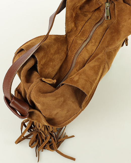 Torebka zamszowa shopperka skórzana frędzle boho brązowa camel - MARCO MAZZINI