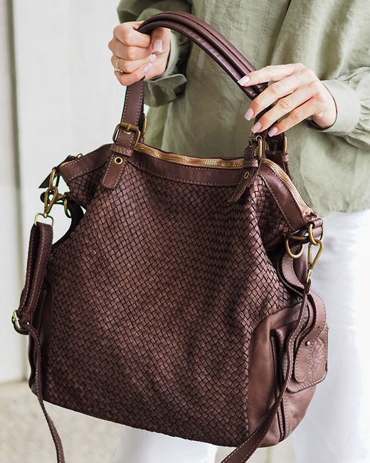 Miejska torebka z regulowanymi rączkami shopper pleciona skóra handmade - MARCO MAZZINI brąz