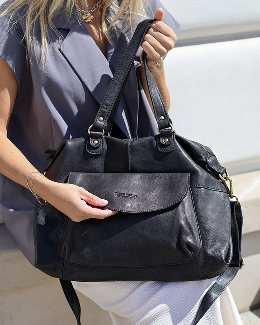 Elegancka skórzana torba na ramię A4 Marco Mazzini - Shopper bag czarna, pojemna do pracy