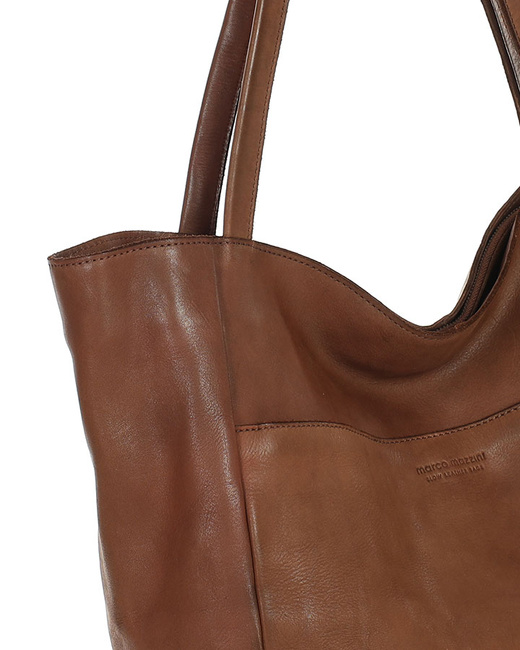 Duża torebka shopper skórzana z kieszenią zewnętrzną czekoladowy brąz - Marco Mazzini