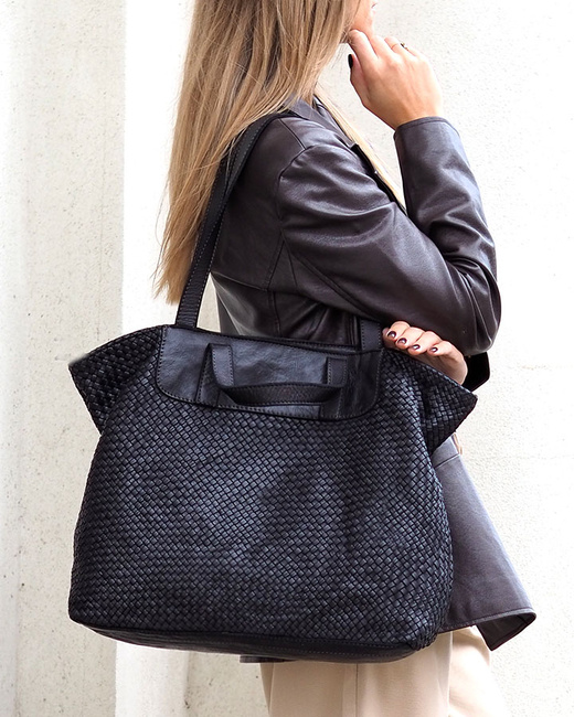 Torba damska pleciona shopper & shoulder leather bag - MARCO MAZZINI czarna