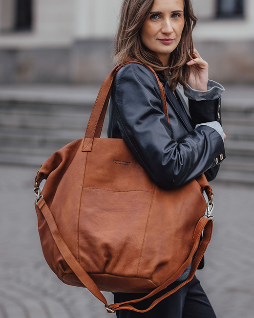 Torba damska skórzana shopper z kieszeniami - It bag MARCO MAZZINI brąz camel