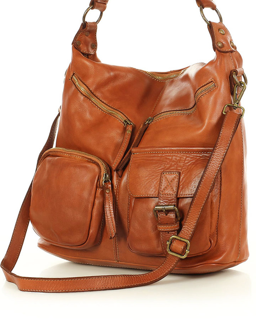Torebka skórzana na ramię pockets old pelle lavata - MARCO MAZZINI brąz camel