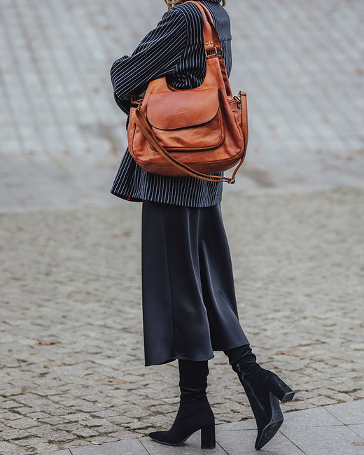 Włoska torebka skórzana z kieszenią z przodu retro bag handmade - MARCO MAZZINI brąz camel