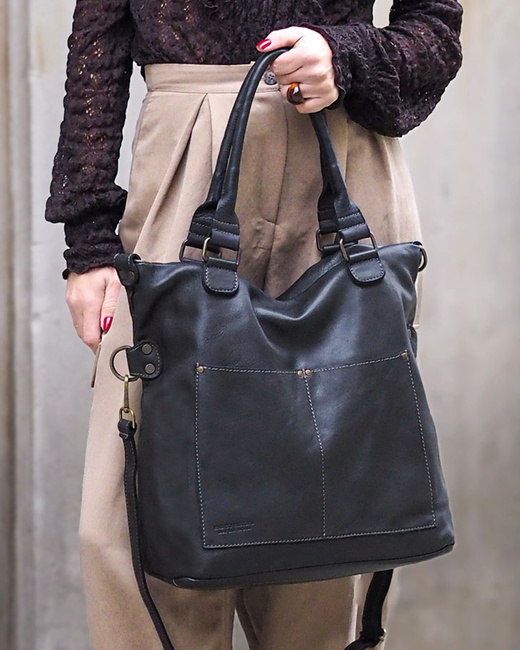 Torebka skórzana XL shopper vintage bag z kieszeniami vera pelle - MARCO MAZZINI czarny