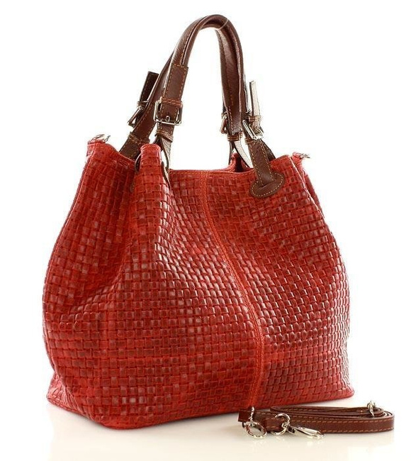 Skórzana torebka shopper MAZZINI - Carina Treccia czerwona